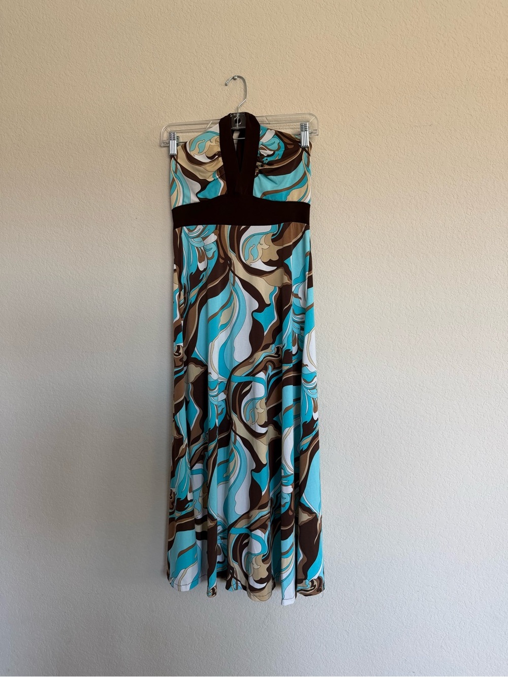 Soprano Turquoise, Brown & Cream Halter Midi Dress